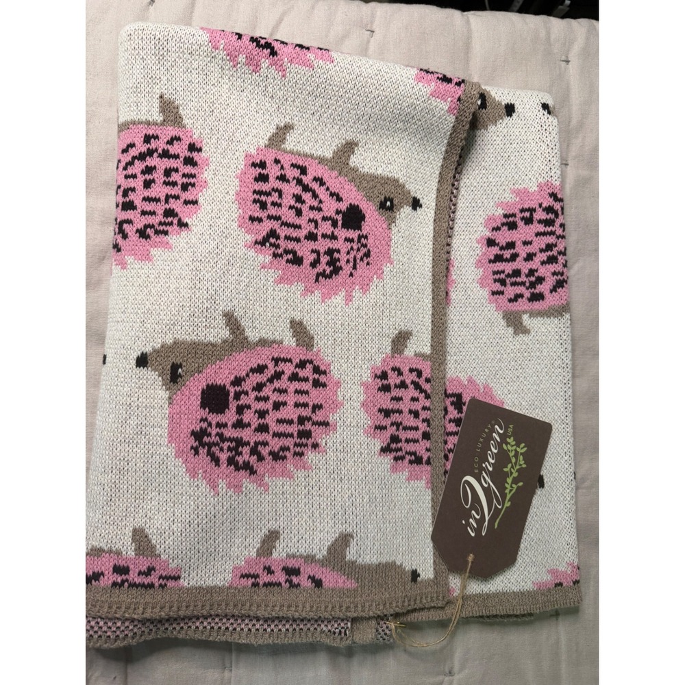 In2green Eco Luxury Hedgehog Baby Blanket Recycled Cotton Pink Tan Knit USA NWT